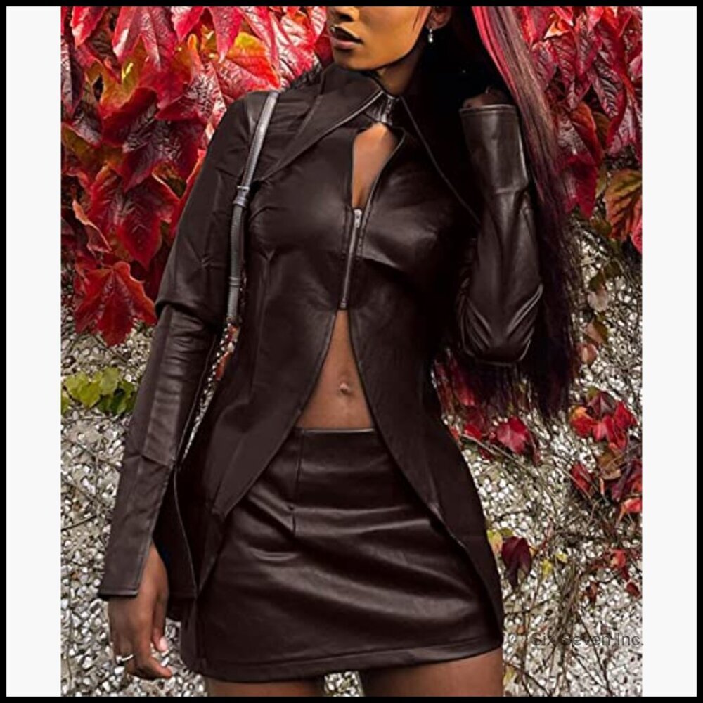 Faux Leather Skirt Co-Ords Set with Hollow Out Cardigan Jacket - Picture 3 of 6